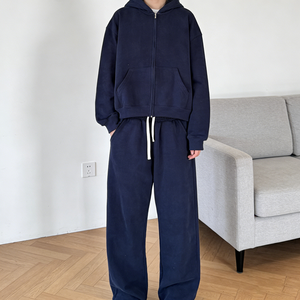 Conjunto de Moletom Masculino Oversized com Capuz e Calça Cropped, Estilo Streetwear, com Zíper, Perna Larga, Lavagem Ácida Personalizada, Tecido Pesado e Corte Reto - Product Image 1