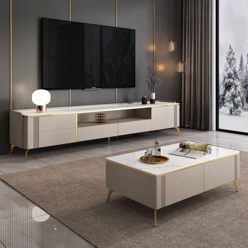 Mesa de té y armario de TV para pasillo, combinación de armarios de TV modernos, consola con soporte de diseño de mármol de lujo, color blanco