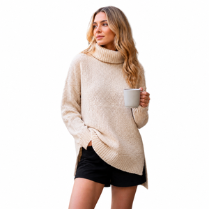 Blusa de manga larga con textura gofrada cálida, color albaricoque mate, rojo brillante, gris claro, cuello tipo capucha oversize, abertura lateral asimétrica. - Product Image 1