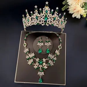 शादी शाही राजकुमारी दुल्हन Tiaras स्फटिक गहने सेट शादी बाल सामान मुकुट क्राउन कान की बाली और हार सेट