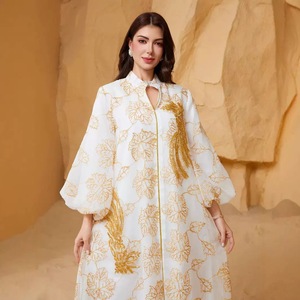 Abaya élégante en polyester ornée de fleurs brûlées, broderies et sequins, manches bouffantes pour le <span class=keywords><strong>printemps</strong></span>, tenue ethnique traditionnelle pour femmes musulmanes - Product Image 5