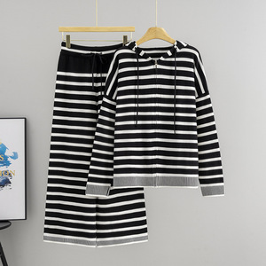 Women's Striped Hooded <b>Sweater</b> <b>Set</b> Long Sleeve Knitted Breathable Loose Fit Pants Two Piece Outfit For Autumn Winter 2026 - Product Image 2