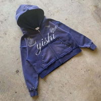 Sudadera con capucha vintage unisex de manga larga con cremallera, estilo Y2K, informal, para venta al por mayor, OEM, con estampado gráfico de diamantes de imitación personalizado