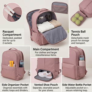 OEM Stylish Convertible Large Capacity Women Pickleball <b>Backpack</b> with 2 Racket Slots Vented Shoe Pouch - Product Image 6