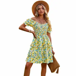 2024 New Four Color Optional Beach Vacational Style French Floral Cake Short Sleeved Dress