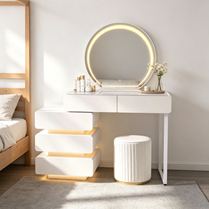 Modern Minimalist Makeup <b>Vanity</b> With Lighted Round <b>Mirror</b> And Storage Drawers Bedroom <b>Dressing</b> <b>Table</b> With Stool - Product Image 1