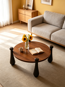 Modern Wood <b>Coffee</b> <b>Table</b> Minimalist Design Round Top Black <b>Legs</b> Living Room Furniture - Product Image 3