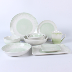 Collection de vaisselle en céramique vert menthe à glaçure <span class=keywords><strong>radiale</strong></span>, assiettes à motif soleil et rayures, bols et plats de plusieurs tailles, vaisselle de table - Product Image 1