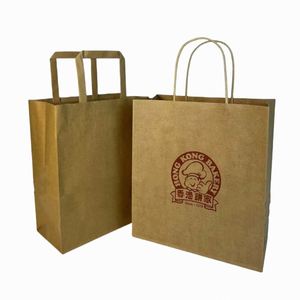 Sacs en papier kraft blancs personnalisés en gros avec poignée découpée et trou perforé pour l'emballage alimentaire (lait et sushi) avec logo imprimé - Product Image 1