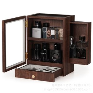 Wooden Men's Cologne <b>Storage</b> <b>Box</b> With Acrylic Window And <b>Drawer</b> For Fragrance Display Brown Rectangular Standing Type - Product Image 2