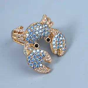 Cincin zirkonia biru laut canggih berlian kilat baru cincin terbuka kepiting modis