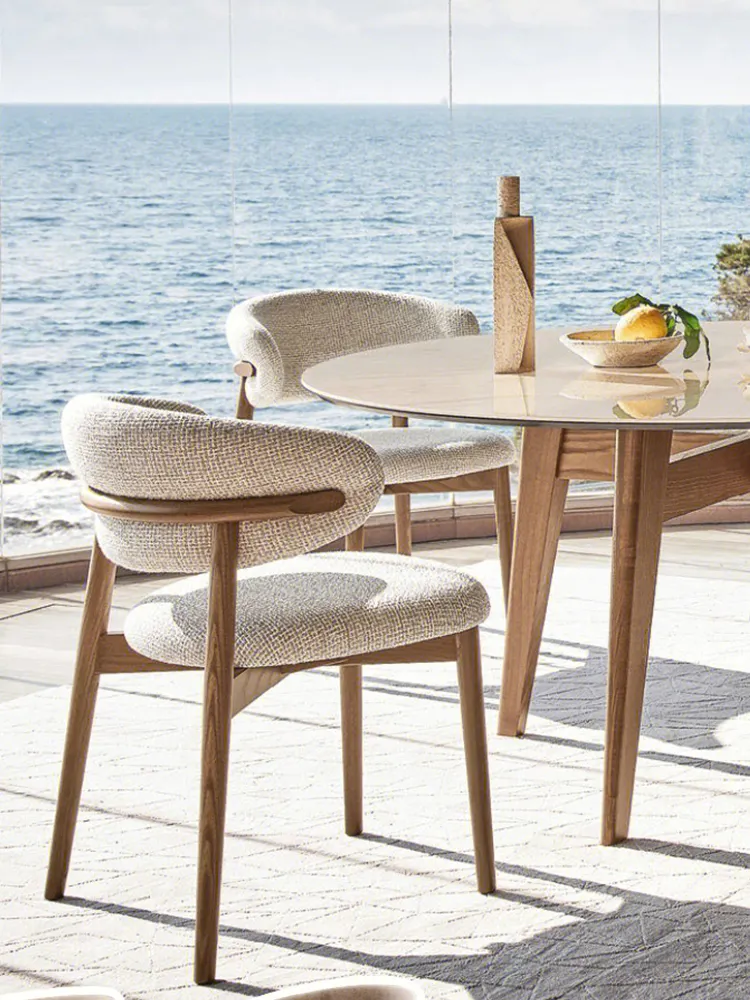 FURNITURE Modern nordic dining room furniture Curved backrest walnut color wood chair White linen fabric dining chair with pad