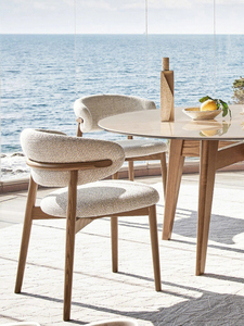 FURNITURE Modern Nordic Dining Room Furniture Curved Backrest Walnut Color Wood Chair White Linen Fabric Dining Chair With Pad