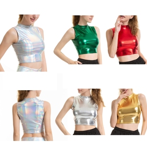 Ropa de moda para mujer, trajes de baile, tops cortos metálicos, ropa de club, camiseta brillante, chaleco para uso diario informal, baile en barra - Product Image 1