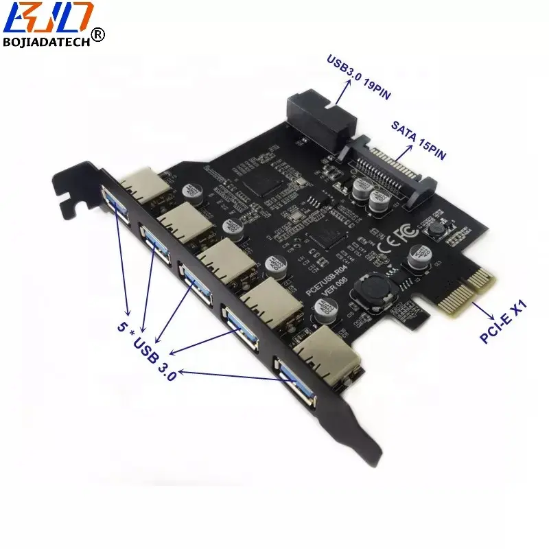 5 USB 3.0 Hub Sang PCI Express PCI-E PCIe 1X Thẻ Riser Mở Rộng Với Đầu Nối Nguồn SATA 15Pin