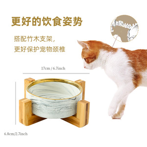 Comedero de Cerámica con Patrón de Mármol y Base de Madera Antideslizante para Perros y Gatos, Redondo, en Colores Rojo, Gris y Verde - Product Image 5
