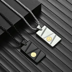 Chocolate Bar Style Brushed Stainless Steel Beveled ID Tag Custom Text Logo Pendant Charm Necklace Emgraved Geometric Jewelry