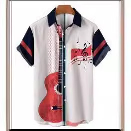 Summer New <span class=keywords><strong>Guitar</strong></span> Series 3D Printed Hawaiian Casual Knitted Men's Short-Sleeved Shirt European American Plus XL - Product Image 4