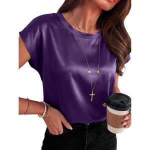 Womens Silk Satin <b>Blouse</b> Cap Sleeve Crew Neck Office Casual Top Anti Wrinkle 2026 Summer Outfit - Product Image 1