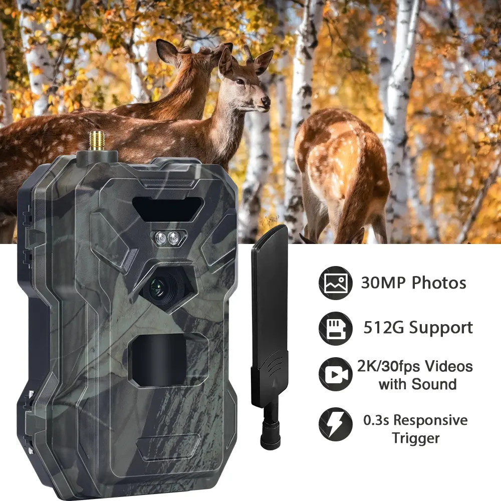 Caméra de chasse extérieure 30MP 2K HD Sécurité à domicile 4G Live Show Trap Game Cam Wildlife Plants Night Vision Camera APP Control Camera