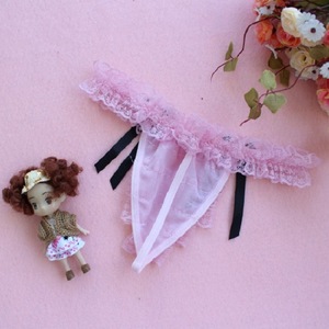 Lencería sexy para mujer, tanga de encaje rosa con lazo negro, ropa interior transparente - Product Image 4