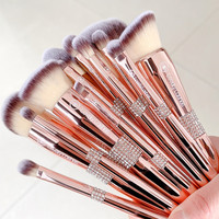 Set de 14 pinceaux de maquillage de luxe, pinceau de maquillage de marque privée, paillettes bling, métal, or rose