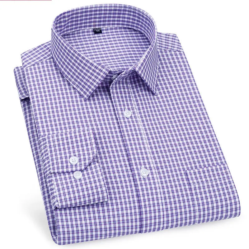 High Quality Wholesale Mens Business Casual Long Sleeved Shirt Classic Striped Checked Purple Blue Shirts For Men