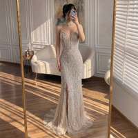 Serene Hill Silver Nude Mermaid Spaghetti Avec Split Strap Perlé Robes De Soirée Robes De Bal Pour Femme Fête 2025 LA72047B