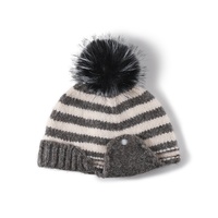 Bonnet tricoté jacquard rayé avec pompon pour femme, en mélange de laine, couleur contrastante, à revers, épais et chaud pour l'automne et l'hiver