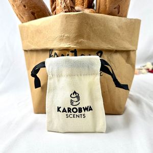 Screen Printed Canvas <b>Pouch</b> White Cotton <b>Drawstring</b> Bag With Black String for Jewelry - Product Image 3
