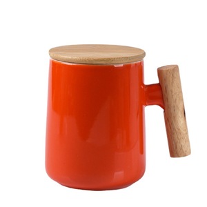 Ceramic <b>Mug</b> With Wooden Handle And Lid <b>Set</b> For Tea Coffee Business Gift Solid Color White Black 300Ml - Product Image 5