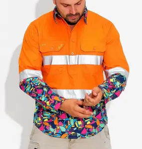 Derniers vêtements de travail Polyester Coton Drill Hommes Chemises de travail de sécurité anti-poussière Deux poches Deux Pcs Chemise de travail uniforme Colar