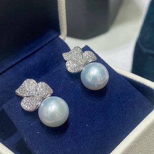 S925 <b>Silver</b> Three Leaf Clover <b>Earrings</b> 11-12mm High Luster Edison Pearl <b>Drop</b> <b>Earrings</b> Near Round Slight Blemish Pearl Jewelry - Product Image 2