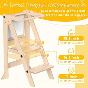 Taburete de cocina plegable para niños pequeños, torre de aprendizaje, 3 alturas ajustables, extraíble, <span class=keywords><strong>Blanco</strong></span>/pizarra, madera Natural, diseño moderno - Product Image 3