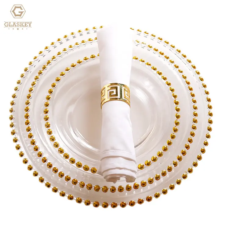 Premium Quality Decoration Glass Table Chargers 13 Inch Charger Service Plate With Gold Beaded For Dinner Wedding