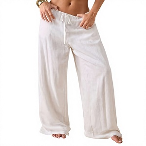 Pantalon de plage ample en lin français 100 % pour femme, coupe décontractée, style festival et vacances, broderie personnalisée - Product Image 1