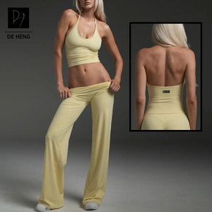 Set Personalizzato <span class=keywords><strong>con</strong></span> Pantaloni Morbidi a Gamba Dritta e Top Regolabile <span class=keywords><strong>con</strong></span> Schiena Aperta, Completo Fitness Yoga <span class=keywords><strong>con</strong></span> Pantaloni a Zampa per Donna - Product Image 1
