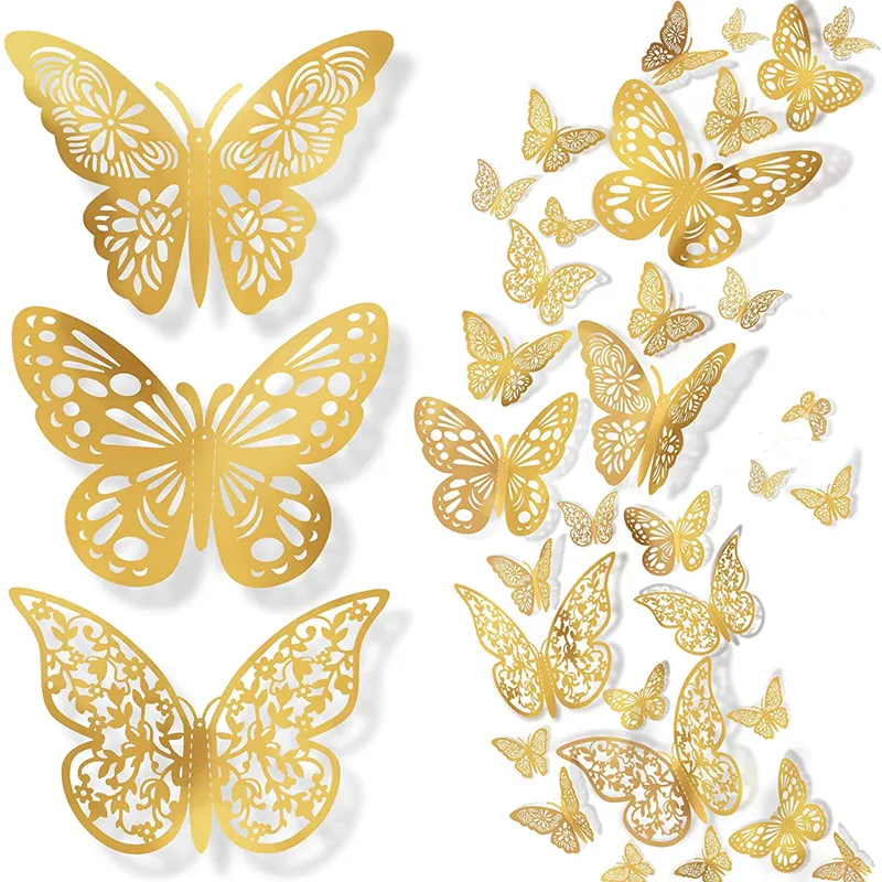 3D Gold Hollow-Out Butterfly Wall Decals Stickers Decorations Art Decor for Party & Home