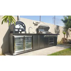 Gabinetes de cocina para exteriores, fregaderos integrados con Isla con ruedas bloqueables y congeladores independientes