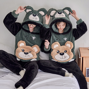 Conjunto de pijama de franela de otoño e invierno, traje térmico de manga larga con capucha para parejas y jóvenes, ropa de dormir de dibujos animados de lana gruesa - Product Image 1
