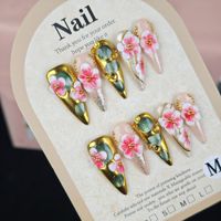 Ongles Stiletto Rose et Blanc 10 Pièces Faits Main Fleurs 3D Perles Dorées Effet Œil de Chat Paillettes Ongles à Presser Prix de Gros