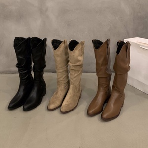 Chaussures pour femme en cuir véritable de haute qualité, bout rond, plateforme épaisse, talons épais, bottes mi-mollet - Product Image 4