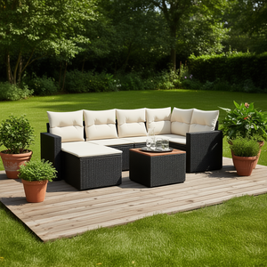 Ensemble de canapés de jardin noir et blanc crème, meubles en rotin d'extérieur avec coussins en mousse haute densité, design contemporain imperméable - Product Image 2