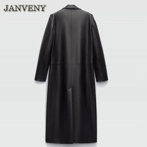 JANVENY 2024 Nuovo Cappotto in <span class=keywords><strong>Ecopelle</strong></span> Sopra il Ginocchio Primavera-Autunno da Donna <span class=keywords><strong>Nero</strong></span> con Risvolto Versatile Ampio <span class=keywords><strong>Trench</strong></span> in Pelle Artificiale - Product Image 2