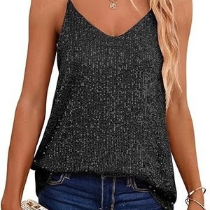 Women <b>Sequin</b> V Neck Sleeveless Camisole Light Gold Breathable Casual <b>Top</b> 3D Effect Polyester Shirt - Product Image 2