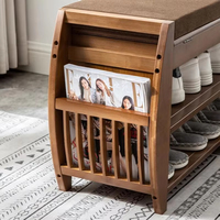 Banc à chaussures moderne en bambou avec double coussin amovible, compartiment de rangement dissimulé et tiroir latéral pour l'entrée
