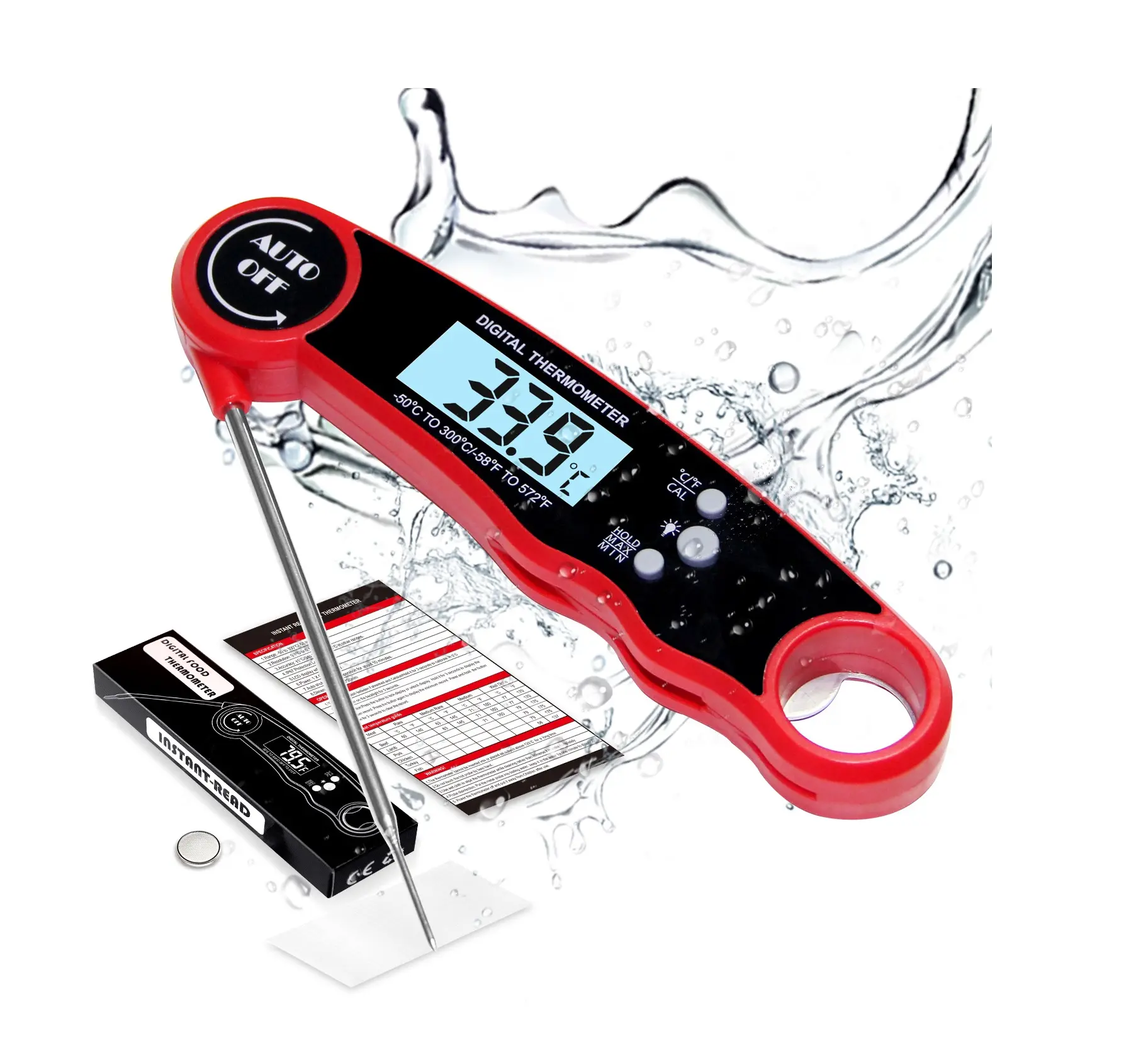 Instant Read Meat Thermometer Waterproof Kitchen Food Cooking BBQ Grilling Thermometer with Function Backlight & Calibration
