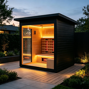 Sauna a infrarossi lontani di lusso in legno di hemlock nero a bassa emissione EMF con LCD e Bluetooth, con copertura in tegole bituminose per spa domestica e esterni 1800x1500x2100mm - Product Image 1