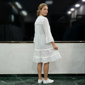 White Boho Mini <b>Dress</b> With Ruffle Sleeve Lace Detail <b>Elastic</b> Waist Loose Fit Full Sleeve Summer Casual <b>Dress</b> - Product Image 4