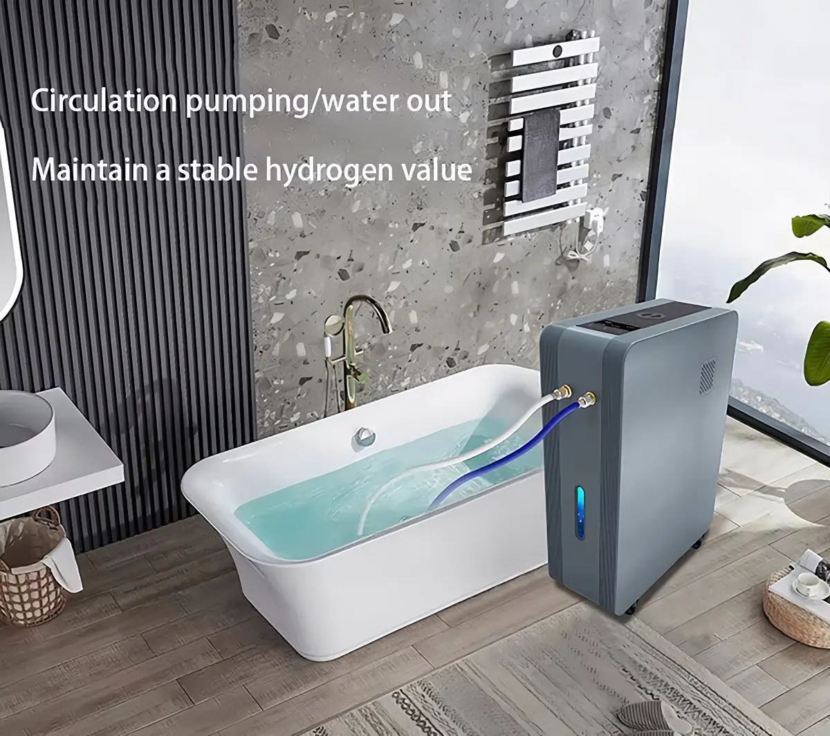 مولد مياه للعلاج بالحمام 4700 مللي/دقيقة إخراج ماء يصل إلى 2600 رطل لكل بوصة ماء غني بالهيدروجين جهاز حمام H2 بحوض فقاعات